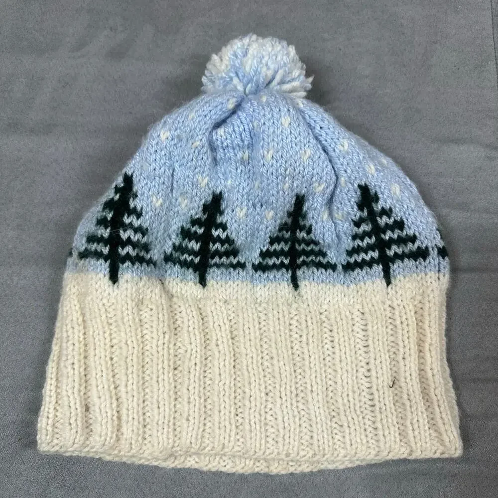 Hand Knit Beanie Pom Pom Hat Tree Pattern One Size Soft Stretchy Winter Ski